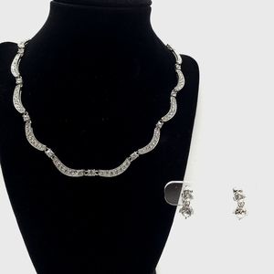 Avon Scalloped Rhinestone Necklace & Earrings Demi Parure Silver Tone Crystal